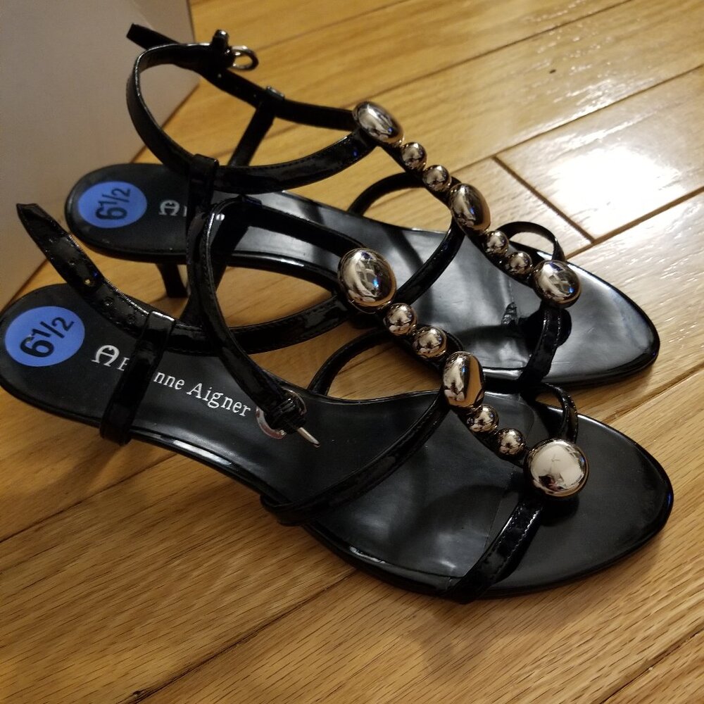 strappy sandals, size 6.5 women's, patent black with silver embellishments